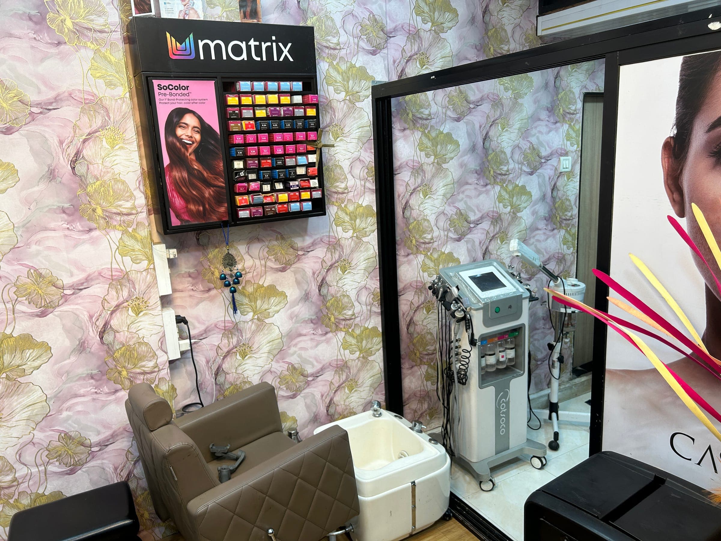 Matrix professional hair colour chart and styling station at Seema's Salon