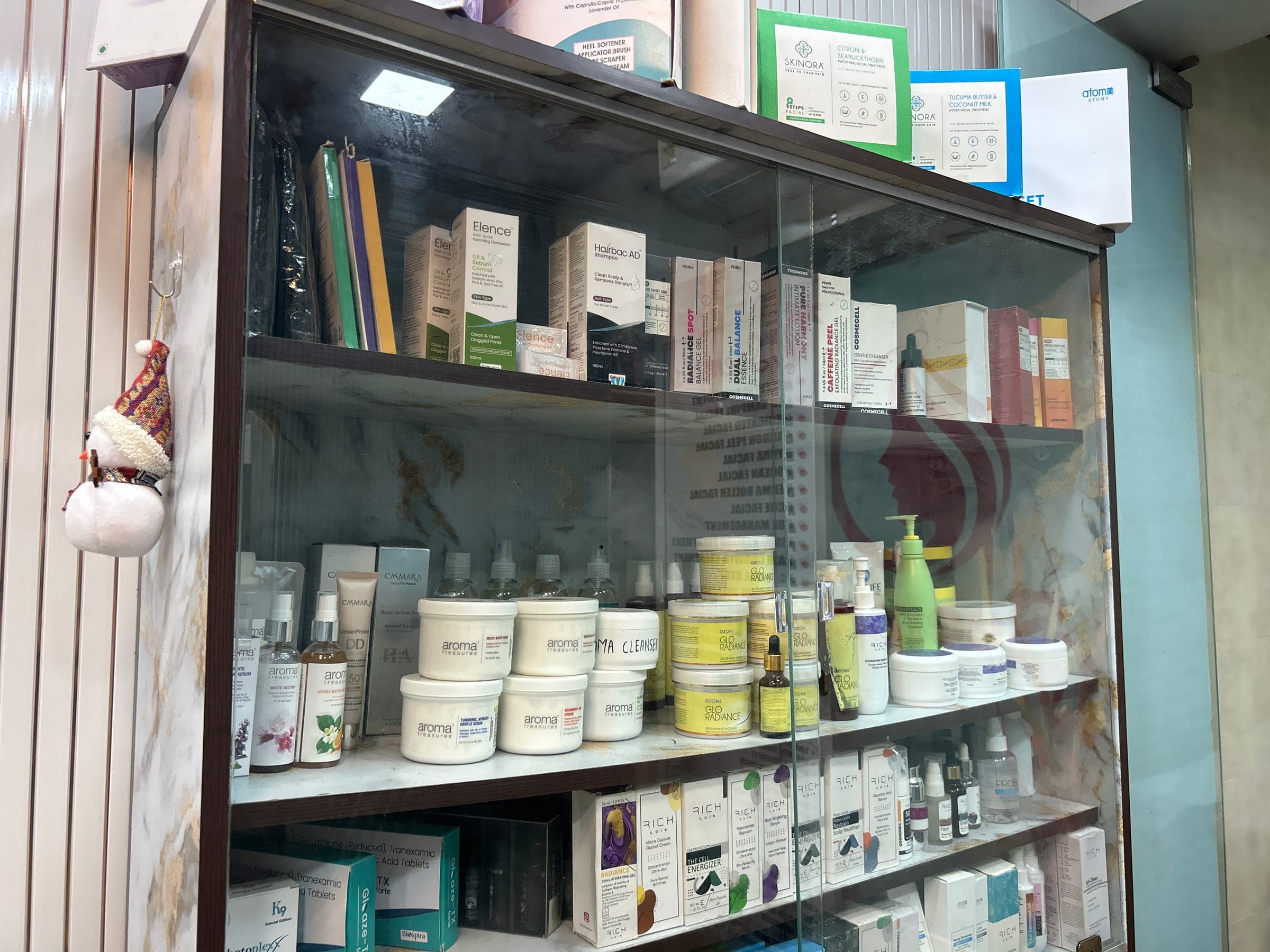 Close view of a skincare product cabinet