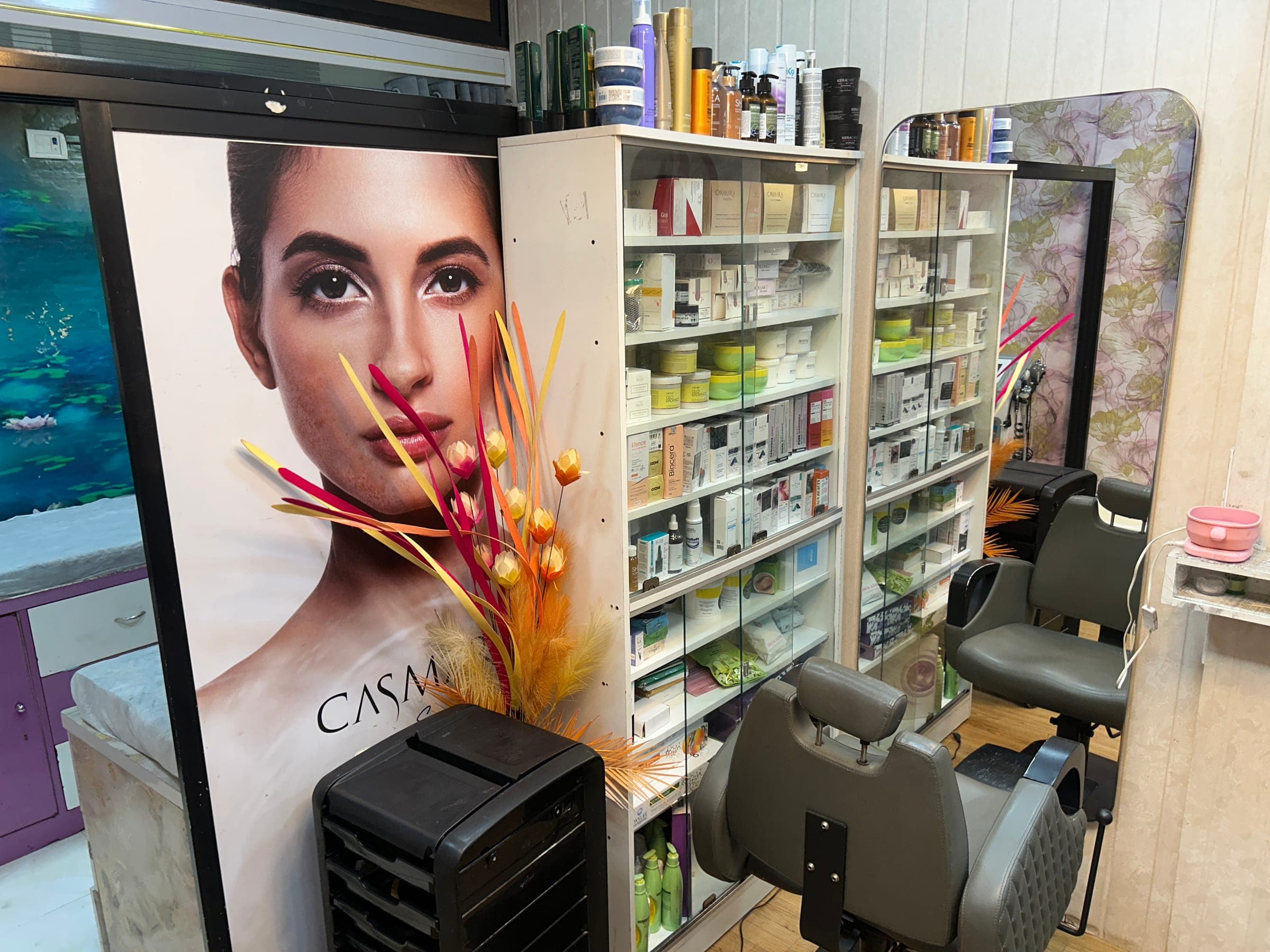 Casmara skincare product display on organized shelving at Seema's