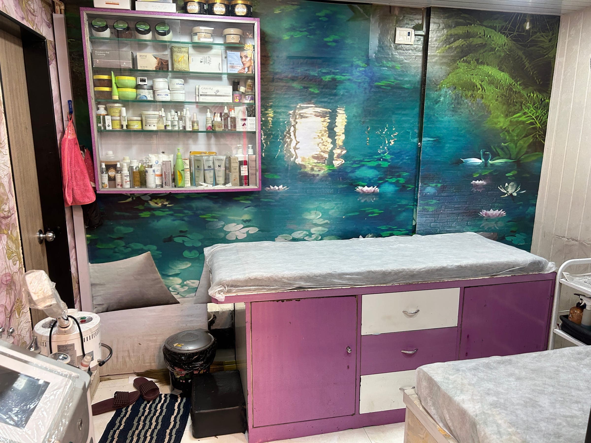Treatment room at Seema's Beauty Parlour featuring a tranquil lily-pond mural wall